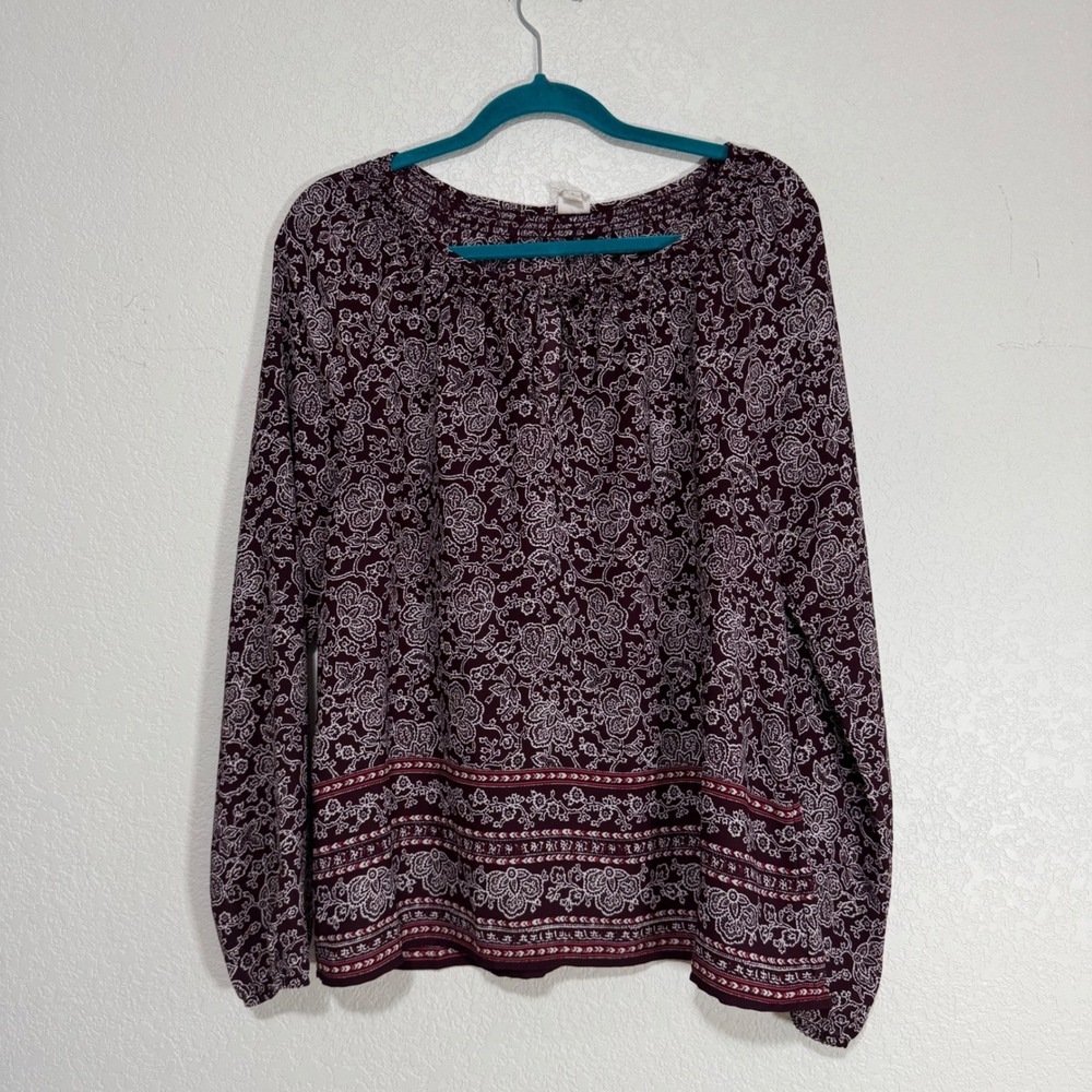 Women's Burgundy Floral Print Smocked Neck Long Sleeve Blouse Size M